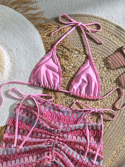 Bikinx Women Summer Beach Wave Pattern Halter Strap Sexy Bikini Set With Cover Up Skirt