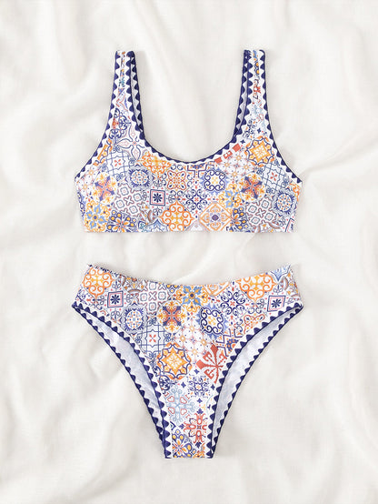 Bikini Sexy Bikini High Waist Print Crocheted Split Swimsuit Women Swimsuit