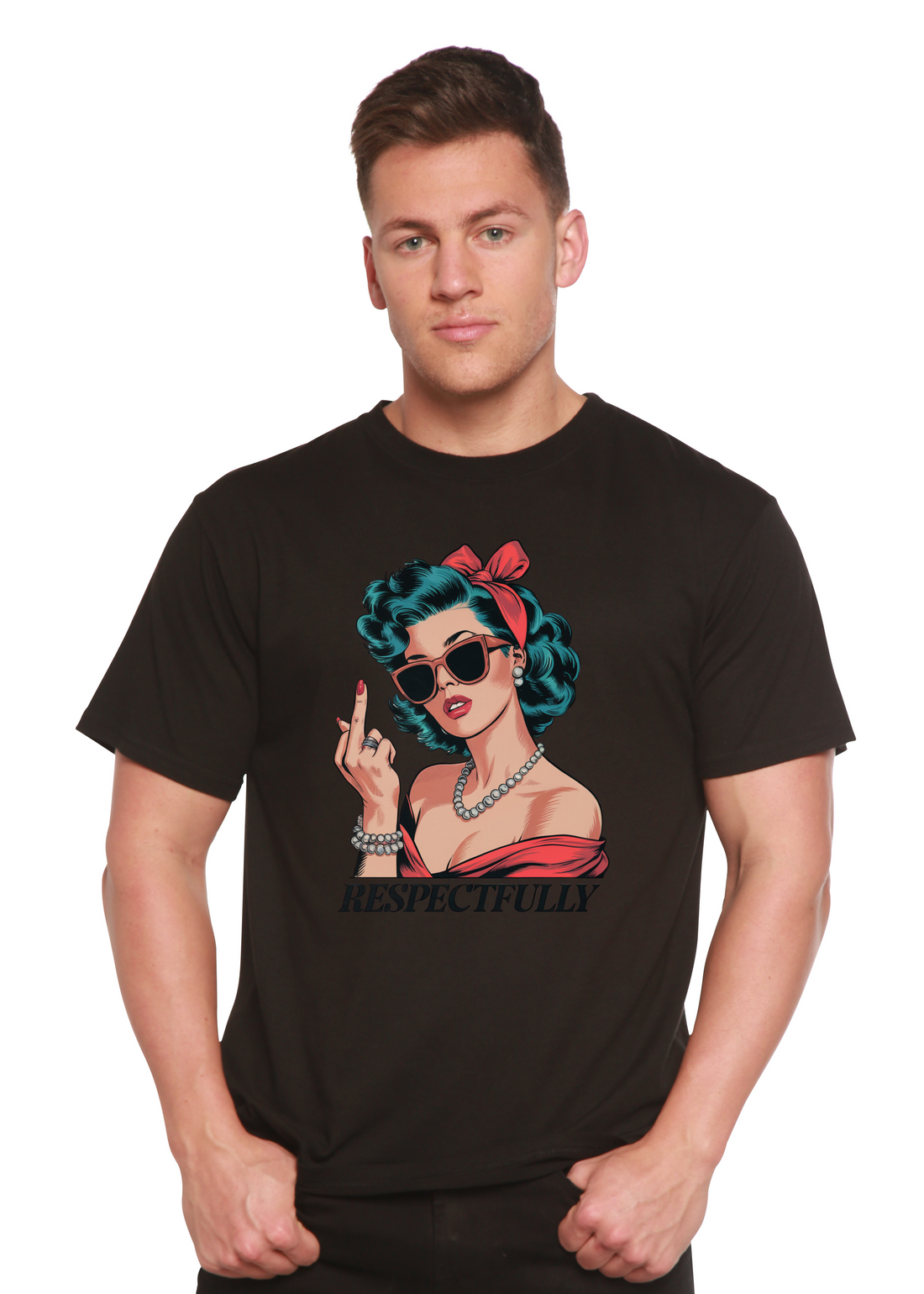 Unisex bamboo and cotton graphic T-shirt with a respectful middle finger print, by Spun Bamboo, men&