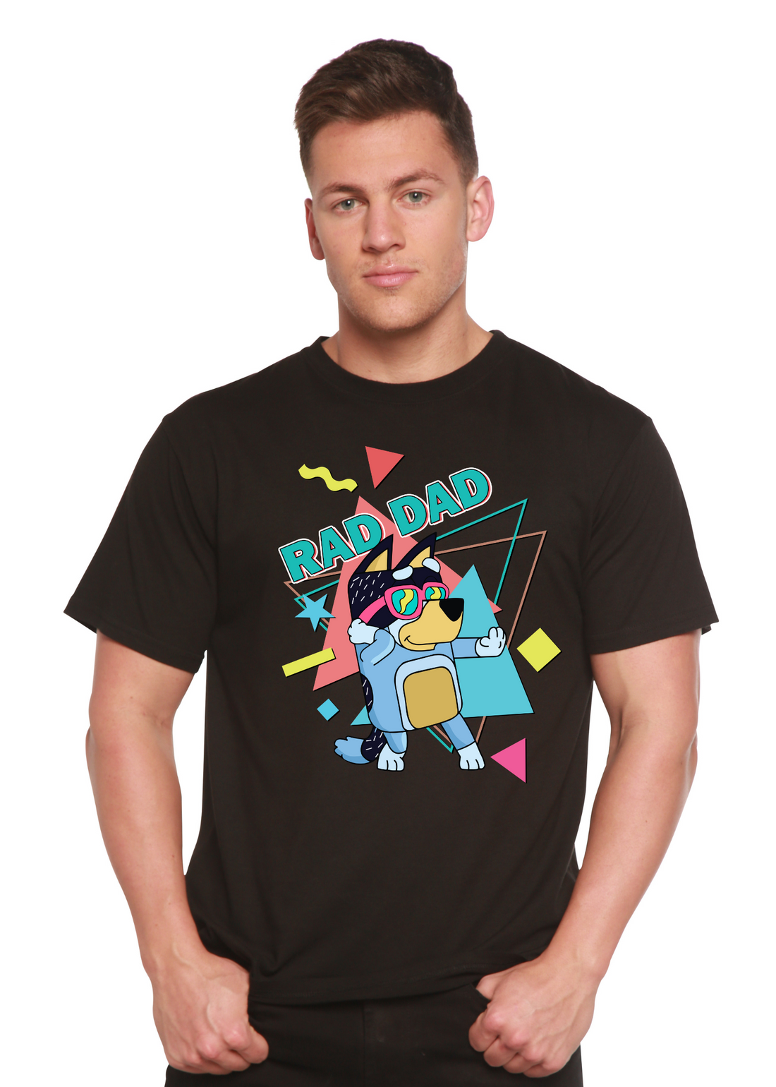 Mens blue Rad Dad graphic T-shirt by Spun Bamboo featuring a printed design, made from soft bamboo fabric.