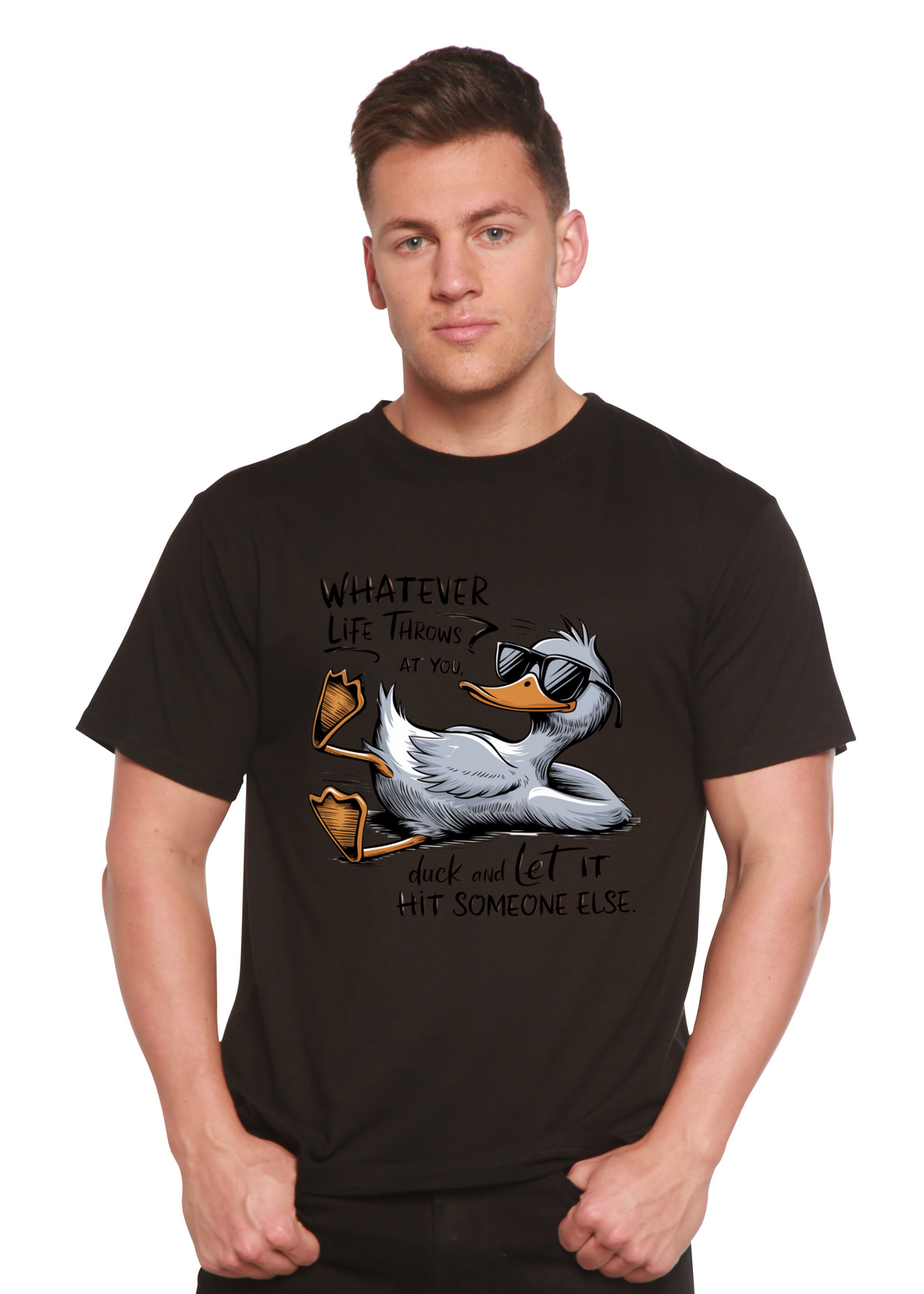Mens Spun Bamboo graphic T-shirt with humorous "Whatever Life Throws at You" print in bamboo and cotton fabric.