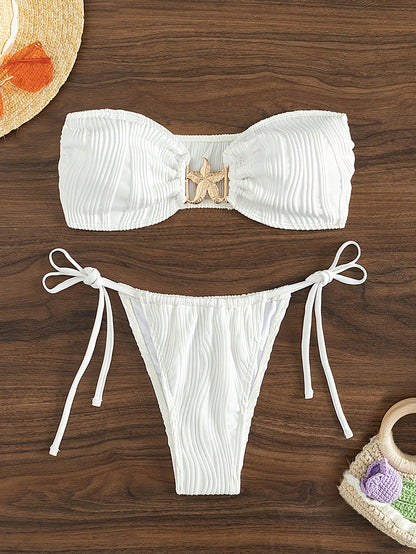 Bikini Sexy Bikini Solid Color Tube Top Split Swimsuit Lace up Swimwear