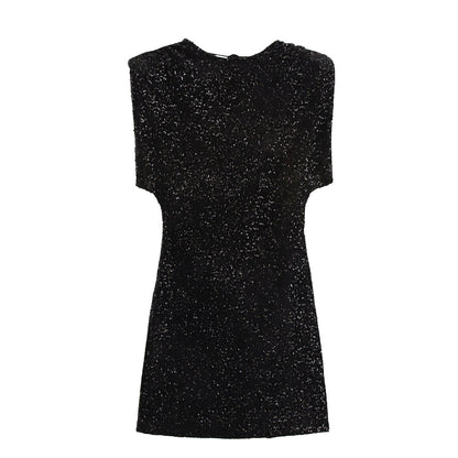 Winter Women Clothing Velvet Texture Sleeveless Back V neck Hip Dress