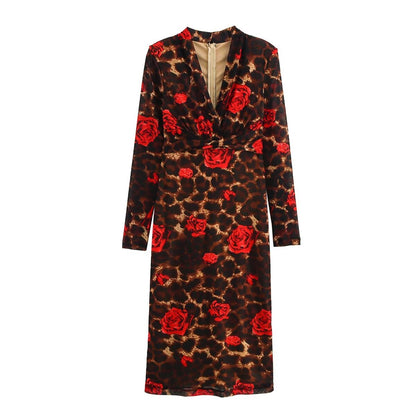 Winter V neck Slim Knitted Leopard Rose Print Sheath Long Sleeve Dress