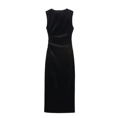 Spring Women Elegant Velvet Texture Pleated Midi Dress