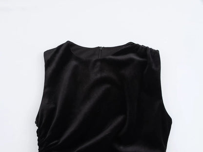Spring Women Elegant Velvet Texture Pleated Midi Dress