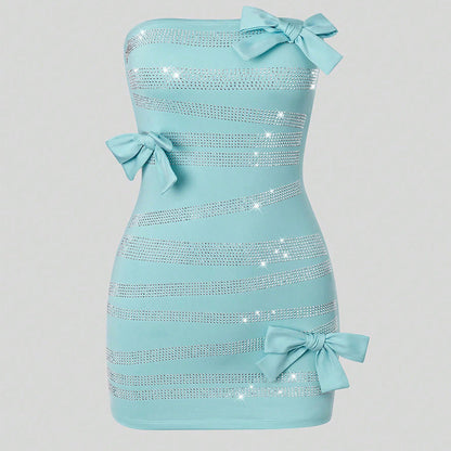 Popular off Shoulder Butterfly Rhinestone Sheath Dress Dress Milk Silk Outer