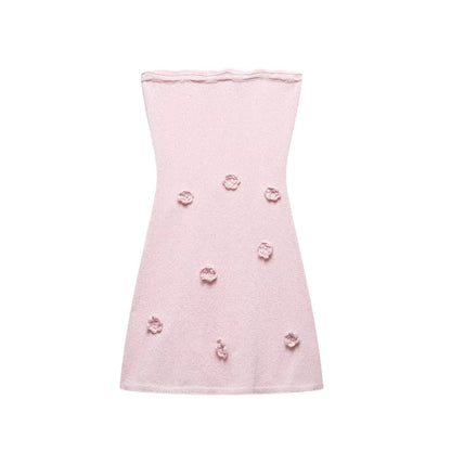 Women Clothing Spring Three Dimensional Floral Chest Lace up Knitted Tube Top Dress