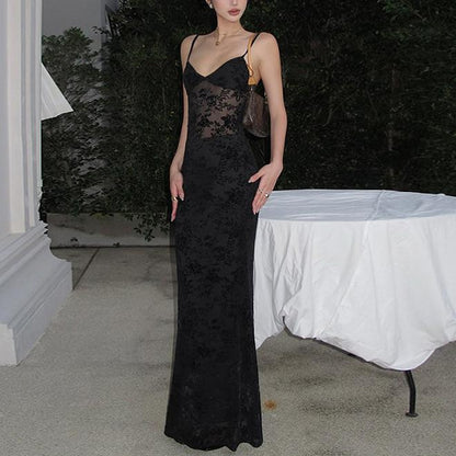 Spring Summer Women Mesh Sexy See through V neck Backless Slim Fit Sling Dress