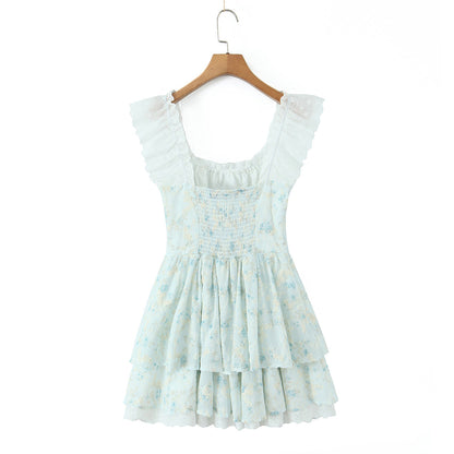 Slim Fit Big U Neck Lace Crochet Embroidery Printed Waist-Controlled Sleeveless Doll Dress