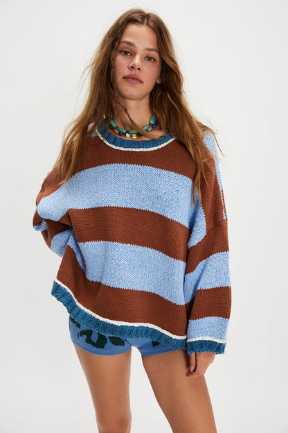 Autumn Winter Contrast Color Striped Sweater Women Pullover Fashionable Knitted Loose Lazy Top Autumn Winter Sweater Women