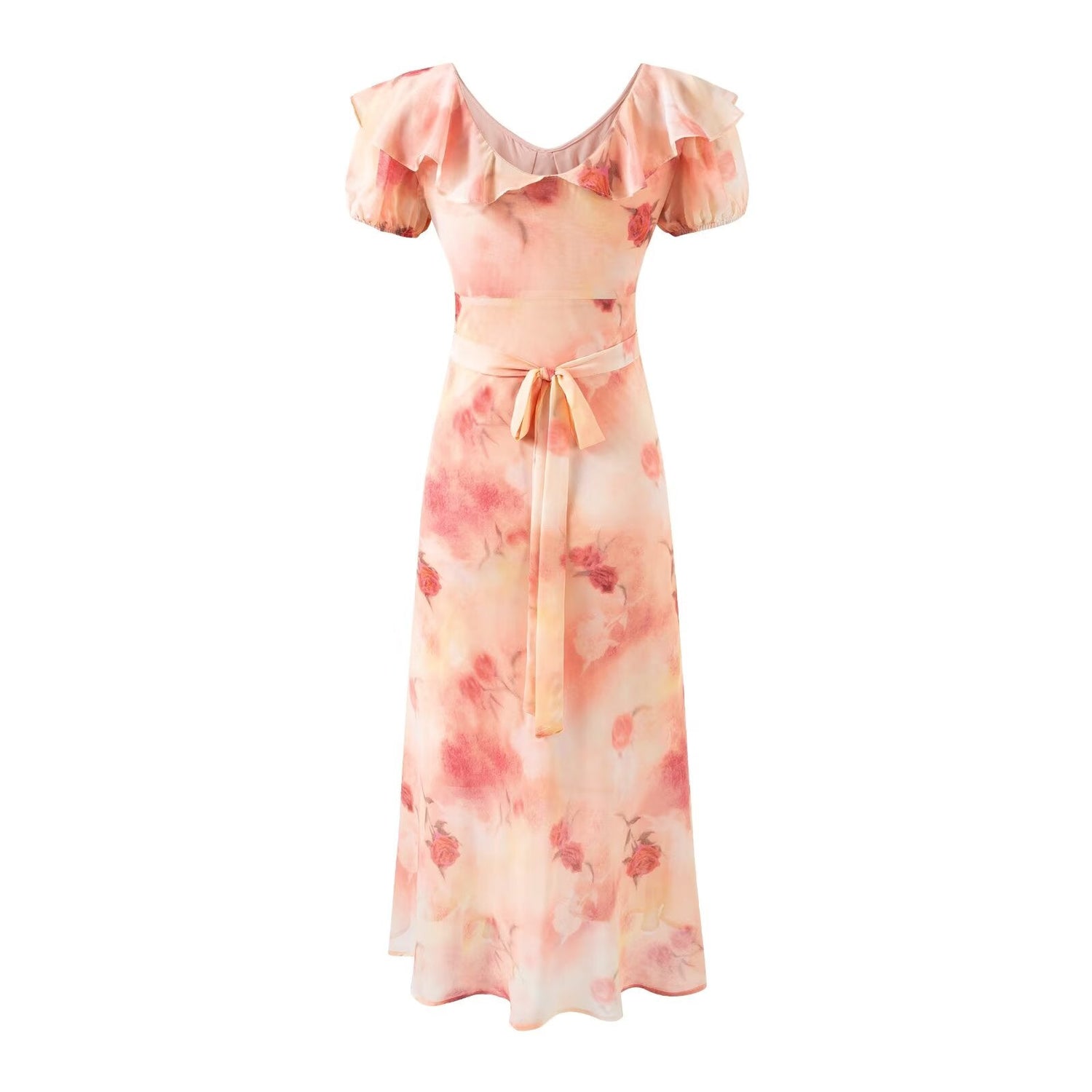 Romantic Vacation Gentle Rose Print Short Sleeved Dress Women Design Bow Ruffled V neck Dress