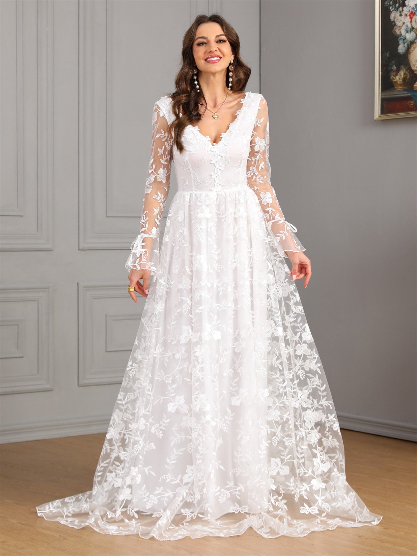 Women V neck Long Sleeve Sexy Backless White Large Swing Wedding Bridal Gown Dress