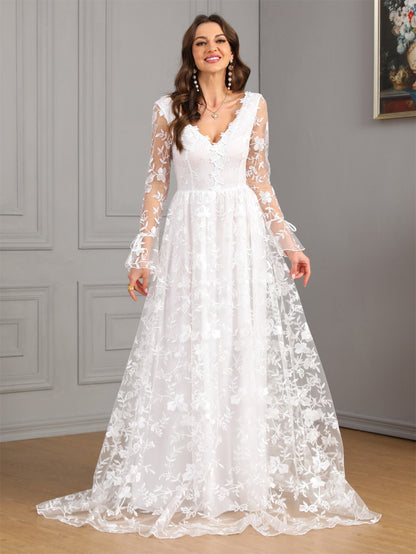 Women V neck Long Sleeve Sexy Backless White Large Swing Wedding Bridal Gown Dress