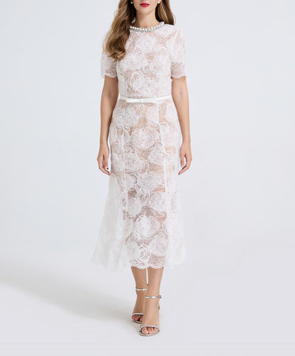 Women Sheer Lace Beaded Rhinestone Studded Fitted Fishtail Dress