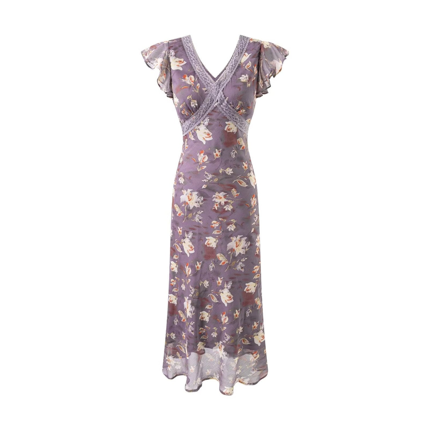 Summer Elegant Romantic Flying Sleeve Lace V neck Patchwork Long Floral Slim Fitting Dress