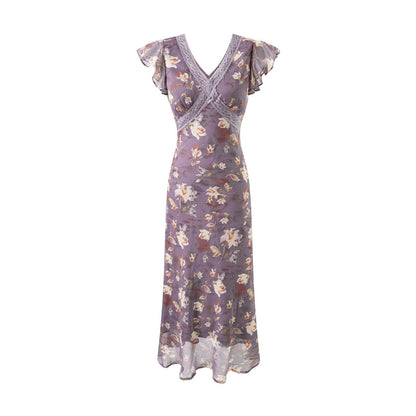 Summer Elegant Romantic Flying Sleeve Lace V neck Patchwork Long Floral Slim Fitting Dress