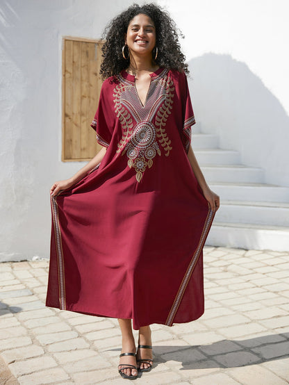 Rayon Embroidered Robe Women Embroidered Vacation Loose Beach Jacket Maxi Dress Beach Cover Up