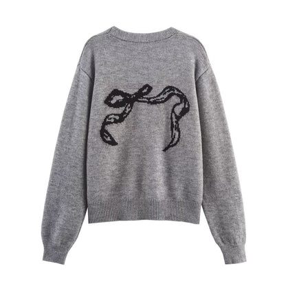 Autumn Women Casual All Match Loose Bow Ribbon Jacquard Sweater