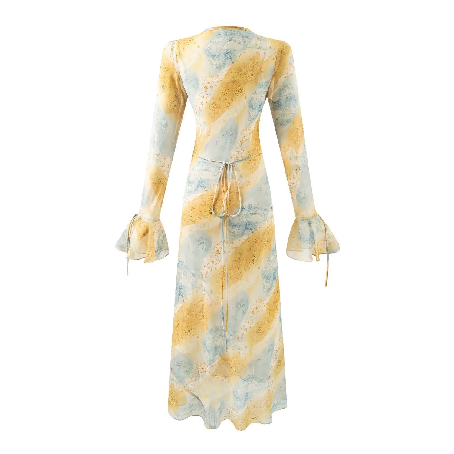 Autumn Women Clothing V neck Mid Length Printed Dress Women