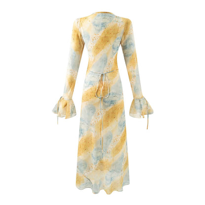 Autumn Women Clothing V neck Mid Length Printed Dress Women