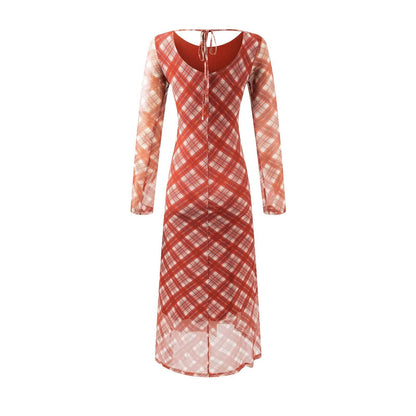 Casual Waist Controlled Sexy Backless Lace up Plaid Dress Women