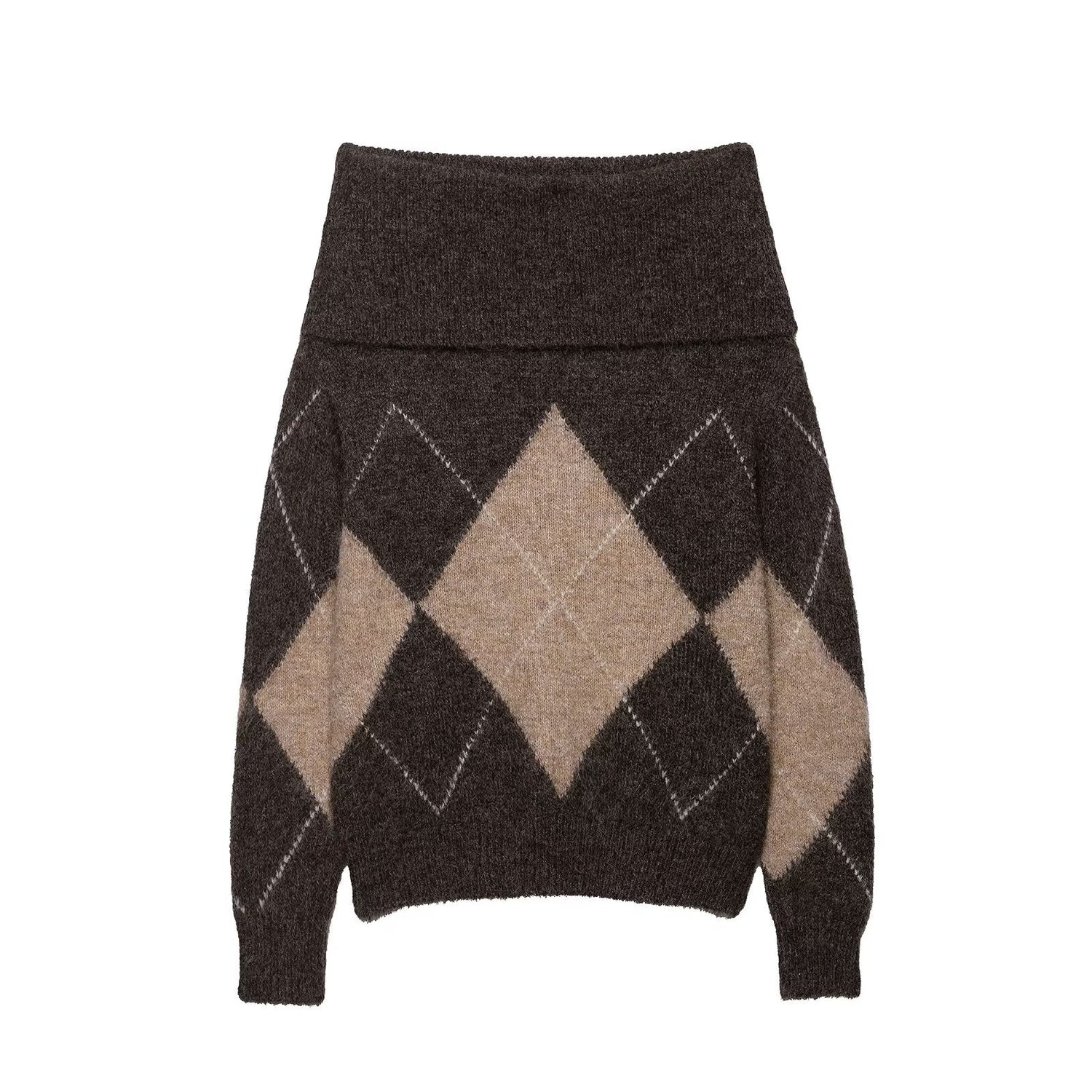 Early Autumn Women Clothing Commuting Casual All Matching Pullover Diamond Pattern Shoulder Baring Sweater Sweater