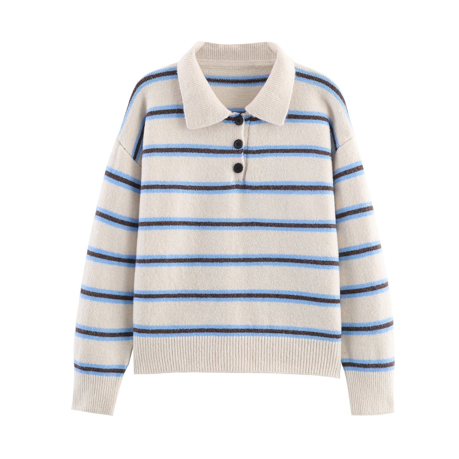 Fall Women Clothing Half Cardigan Button Pullover Polo Collar Stripes Knitted Sweater Top