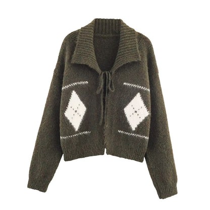 Idle Retro Lapels Jacquard Lace up Knitted Cardigan Autumn Loose Slimming Sweater Coat for Women