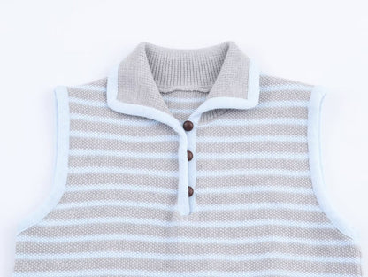 Women Clothing Fall Fresh Age Reducing Stripe Decoration Collared Short Vest