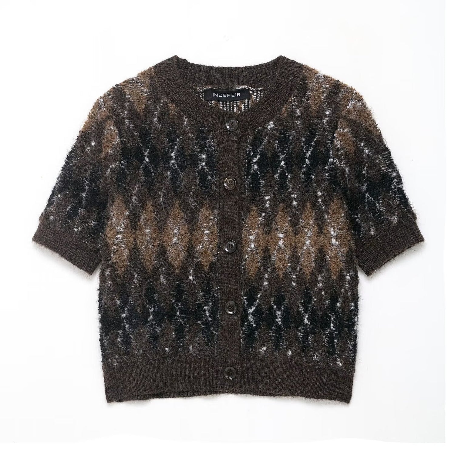 Women Clothing Autumn Beautiful Diamond Pattern Short Sleeve Knitted Coat