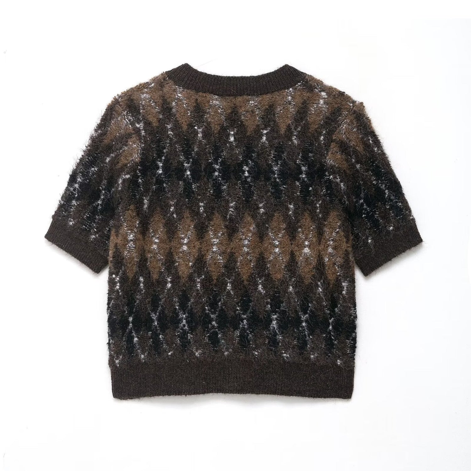 Women Clothing Autumn Beautiful Diamond Pattern Short Sleeve Knitted Coat