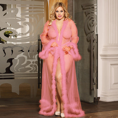 Sexy Lingerie Sexy See Through Long Sleeve Nightgown Raw Edge Mop Mesh
