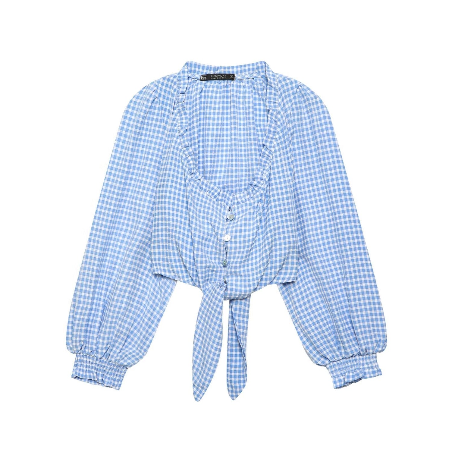 Women Clothing Spring Sexy Square Collar Blue Plaid Short Long Sleeve Top