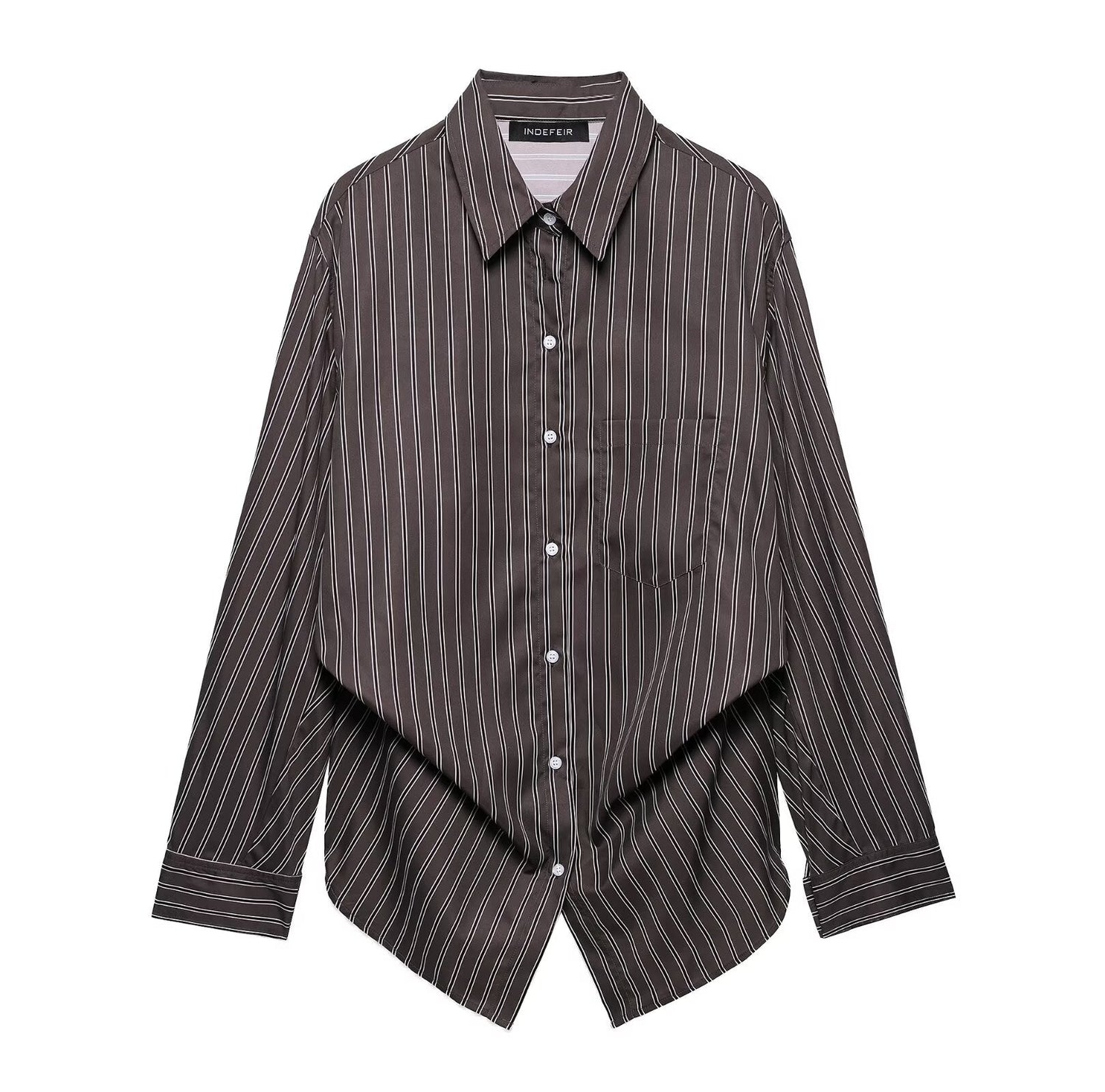 Women Clothing Patchwork Striped Poplin Loose Collared Long Sleeves Shirt