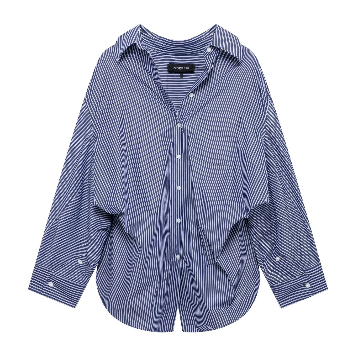 Women Clothing Patchwork Striped Poplin Loose Collared Long Sleeves Shirt