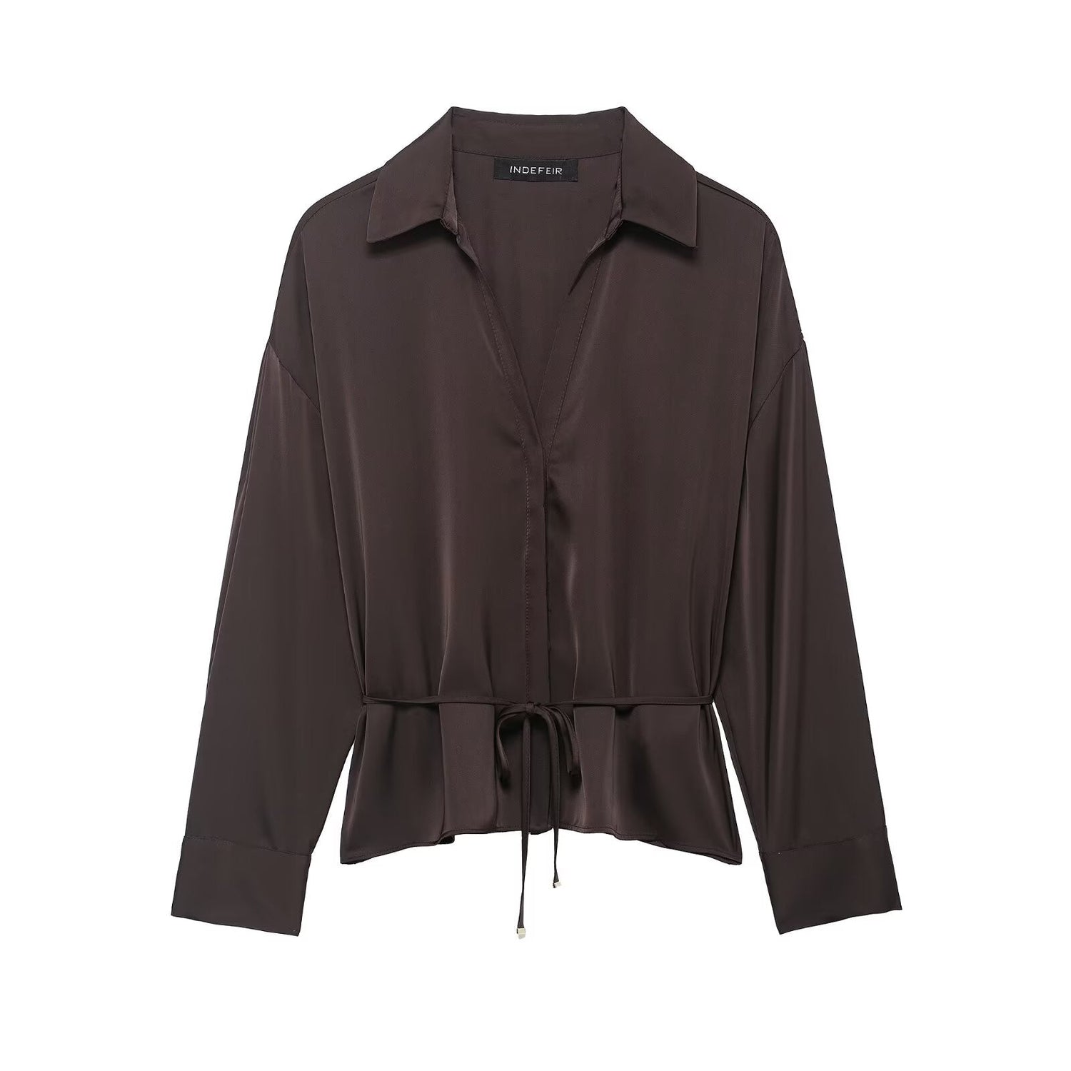 Women Clothing Summer All Matching with Belt Silk Satin Textured Shirt