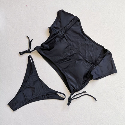 New Sexy Short Sleeved Bikini Split Swimsuit Women Solid Color Nylon Swimsuit