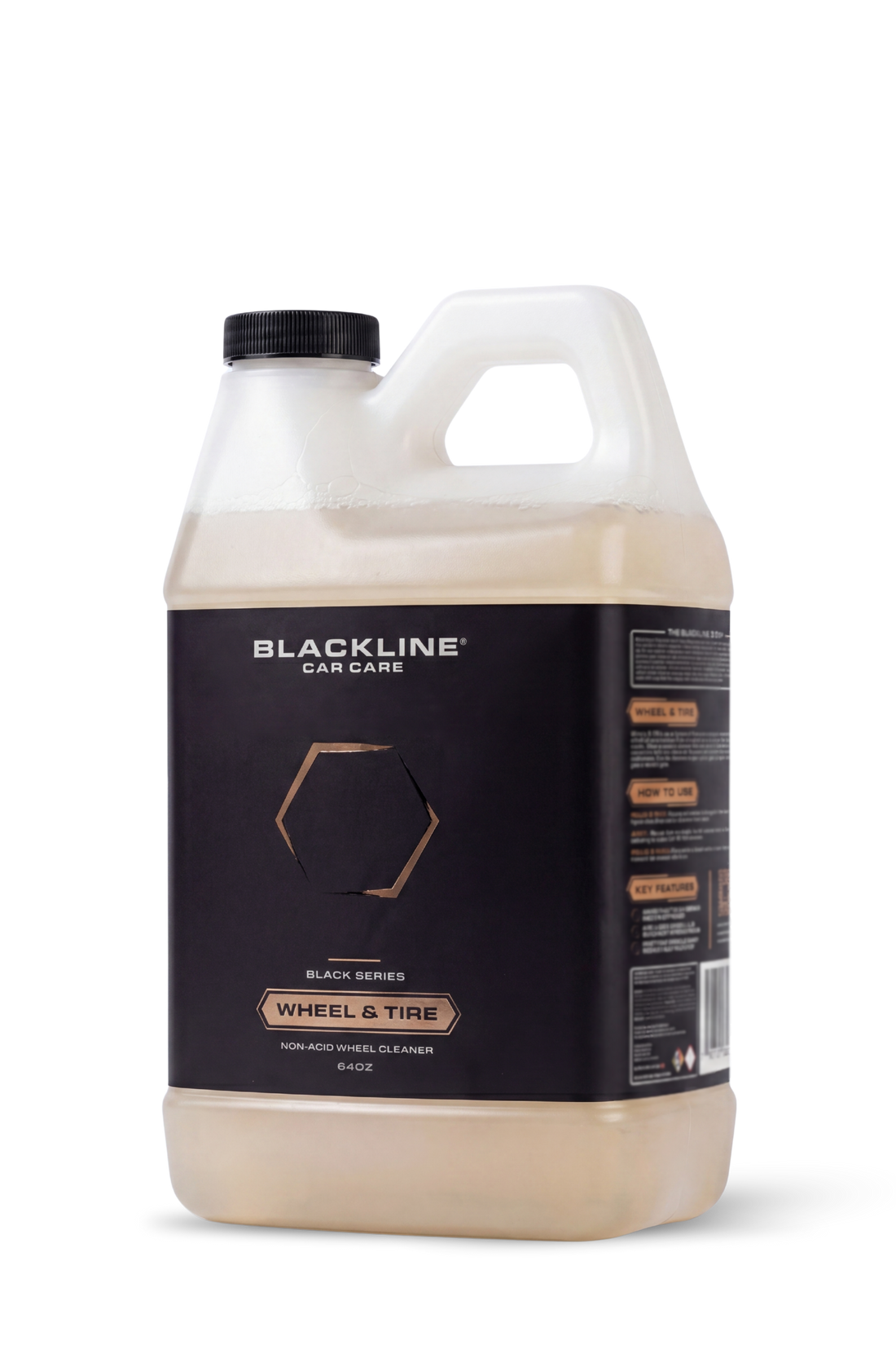 Blackline Car Care BLACKLINE Wheel N Tire Cleaner bottle with label, showcasing the product design and branding.