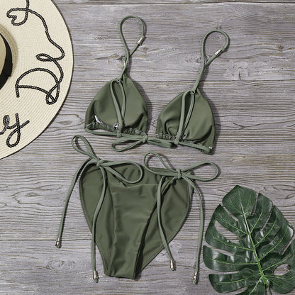 Split Swimsuit Women Solid Color Sexy Bandage Bikini Bikini