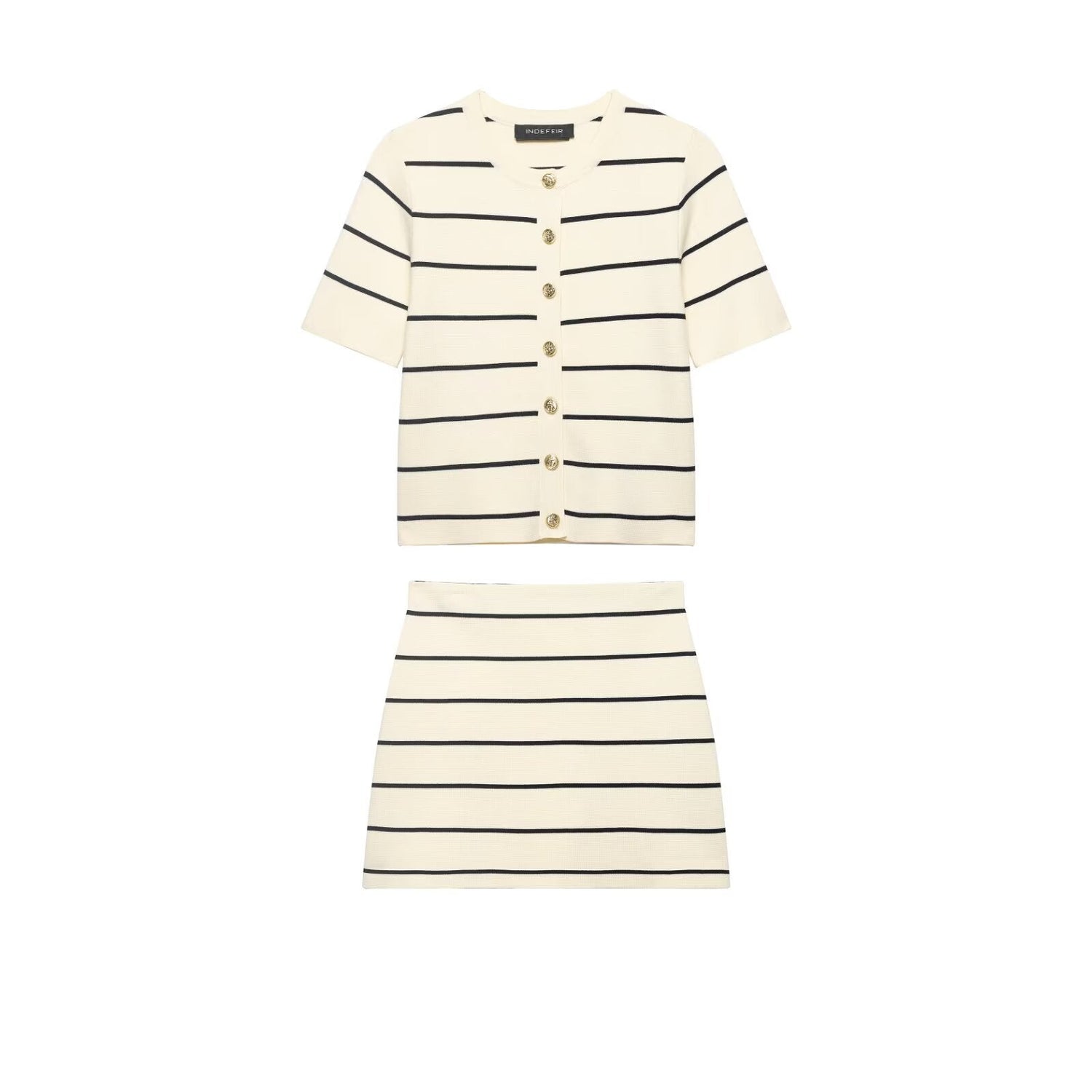 Women Striped Short Sleeved Knitted Jacket Mini Skirt Stes