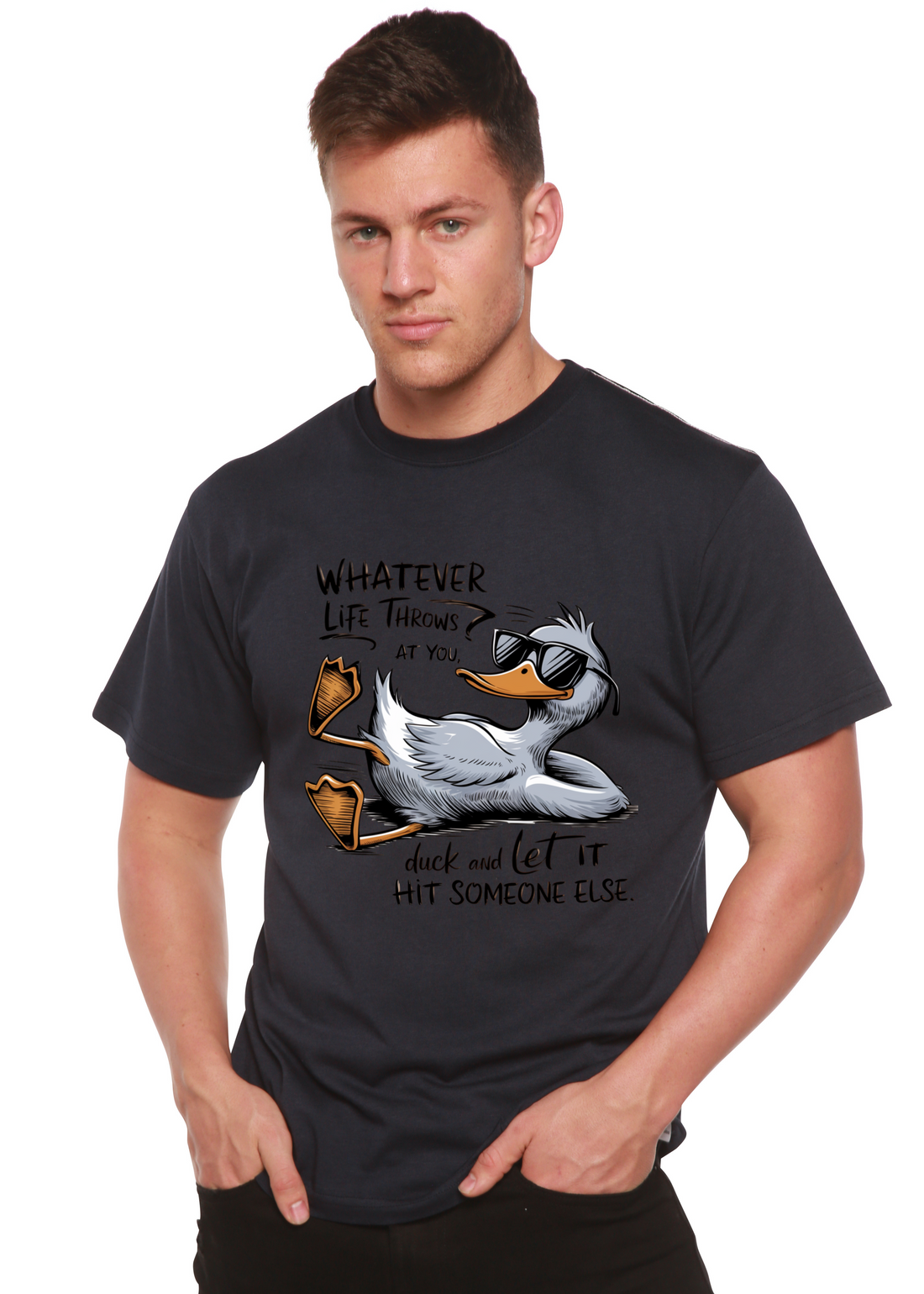 Unisex bamboo cotton graphic T-shirt with funny "Whatever Life Throws at You" print by Spun Bamboo, men&