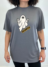 Unisex Halloween ghost graphic T-shirt by Spun Bamboo, short sleeve, made of bamboo viscose and organic cotton, with spooky ghost print.