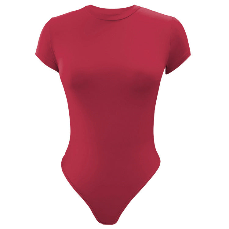 Solid Color Bottoming WomenClothing Basic Casual Short Sleeve round Neck Tight Bodysuit Summer