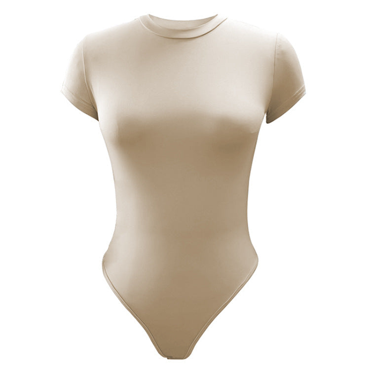 Solid Color Bottoming WomenClothing Basic Casual Short Sleeve round Neck Tight Bodysuit Summer