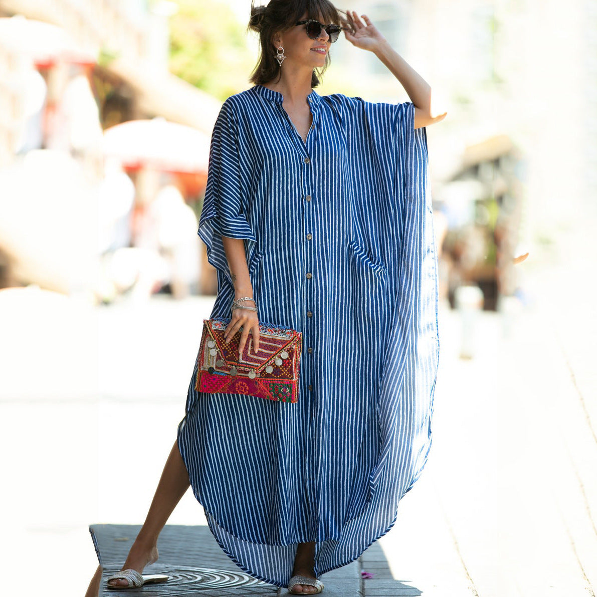 Beach Cover-up Elastic Printing Oversized Button Vacation Robe
