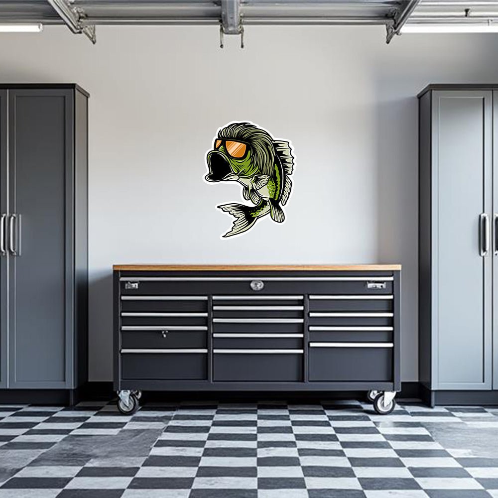 Armed American Supply Bass Mullet garage wall decal featuring a bass fish illustration for sports or automotive decor.