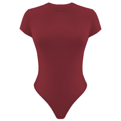 Solid Color Bottoming WomenClothing Basic Casual Short Sleeve round Neck Tight Bodysuit Summer