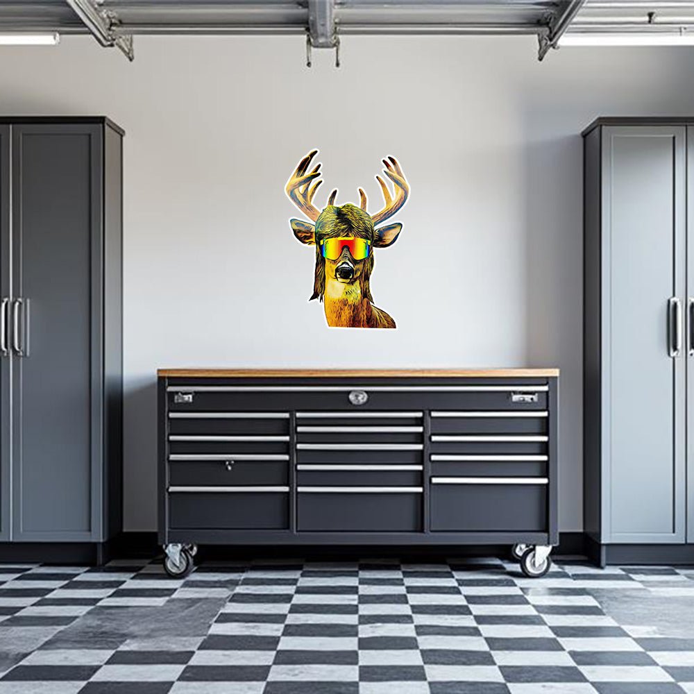 Armed American Supply Buck Mullet garage wall decal featuring a rugged buck with a mullet hairstyle for garage or man cave decor