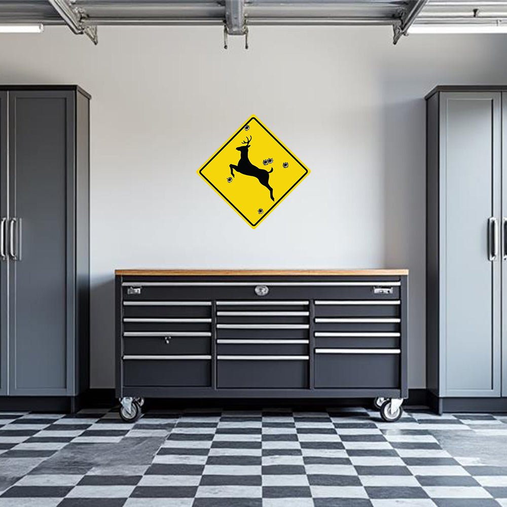 Deer Crossing Garage Wall Decal by Armed American Supply featuring a realistic deer crossing sign design.